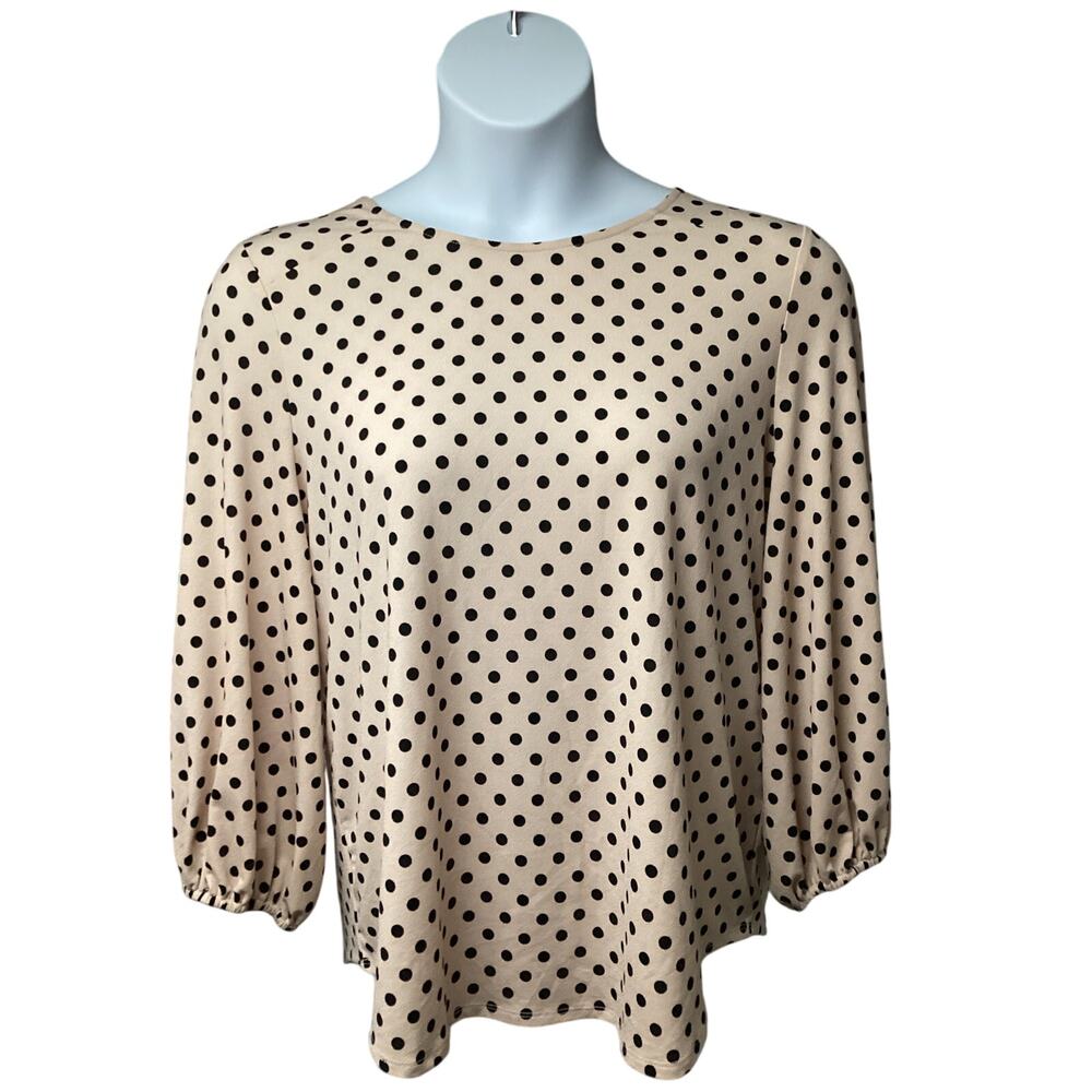 Adrianna Papell Beige Polka Dot Pullover Top Shirt XL Stretch Keyhole
